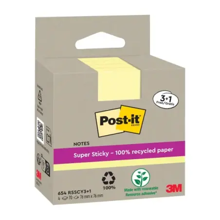 Post-It Super Sticky Pack de 4 Blocs de 70 Notas Adhesivas Recicladas - Forma Cuadrada - 76x76mm - Color Amarillo Claro | Ahorro