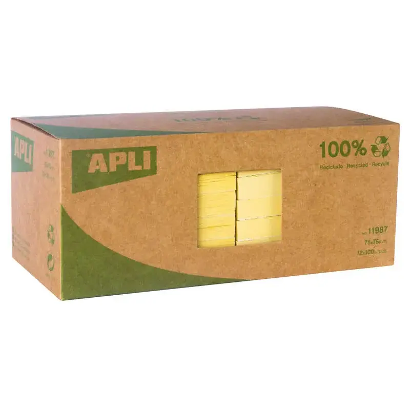Apli Notas Adhesivas Recicladas Classic 75x75 - 12 Blocs de 100 Hojas - Adhesivo de Calidad - Papel Reciclado - Amarillo | Ahorr