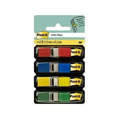 Post-it Index Pack de 4 Dispensadores con 35 Marcadores Reposicionables 11.9 x 43.2mm - Adherencia Firme - Para Marcar, Señalar