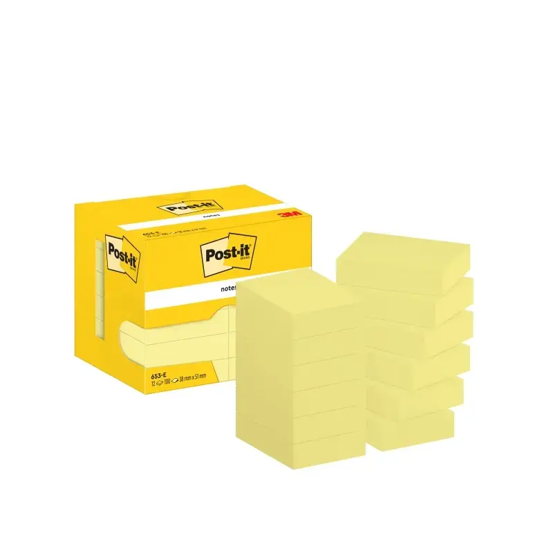 Post-It Pack de 12 Blocs de 100 Notas Adhesivas Reposicionables 38x51mm - Forma Rectangular - Caja Dispesandora - Color Amarillo