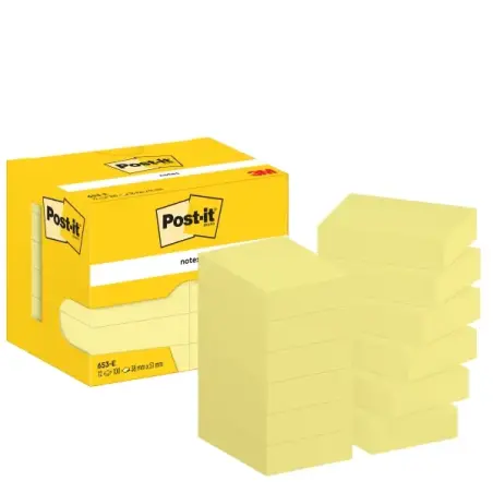 Post-It Pack de 12 Blocs de 100 Notas Adhesivas Reposicionables 38x51mm - Forma Rectangular - Caja Dispesandora - Color Amarillo