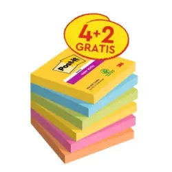 Post-It Super Sticky Pack de 6 Blocs de 90 Notas Adhesivas Reposicionables - Forma Cuadrada - 76x76mm - Colores Surtidos | Ahorr