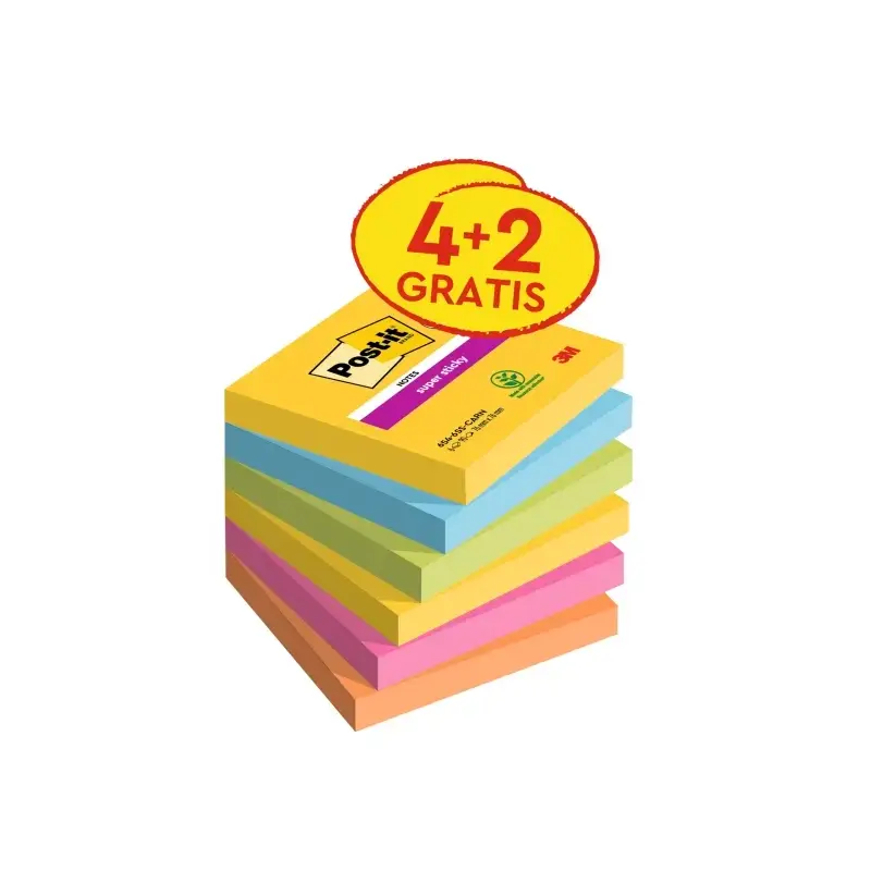 Post-It Super Sticky Pack de 6 Blocs de 90 Notas Adhesivas Reposicionables - Forma Cuadrada - 76x76mm - Colores Surtidos | Ahorr
