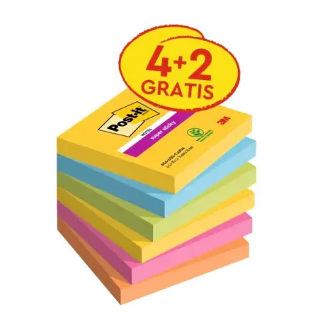 Post-It Super Sticky Pack de 6 Blocs de 90 Notas Adhesivas Reposicionables - Forma Cuadrada - 76x76mm - Colores Surtidos | Ahorr