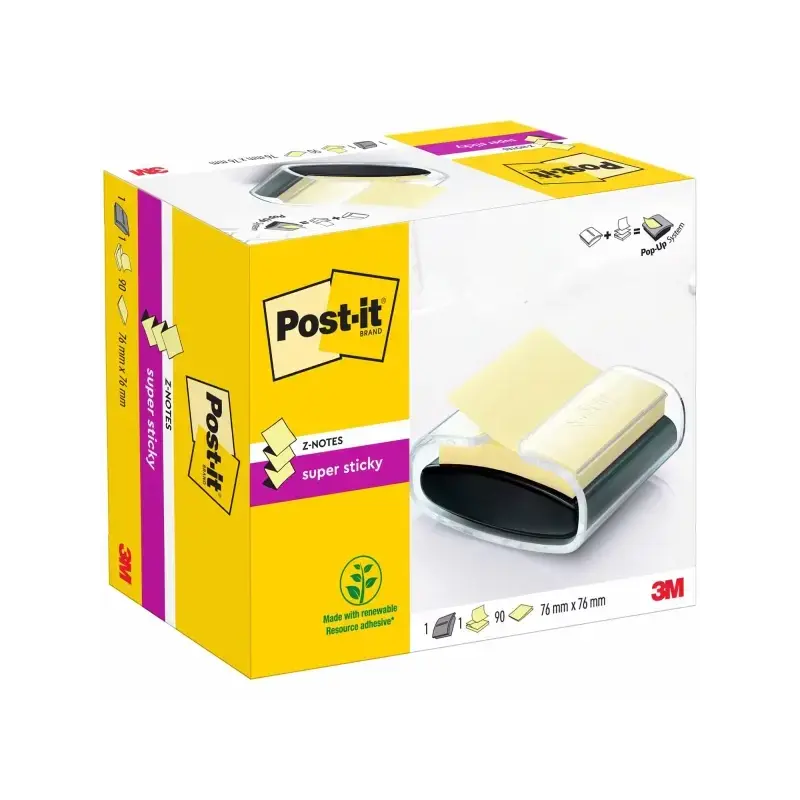 Post-It Super Sticky Dispensador con Bloc de 90 Z-Notas Adhesivas - Dispensador Pro - Forma Cuadrada - 76x76mm - Color Negro | A
