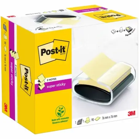 Post-It Super Sticky Dispensador con Bloc de 90 Z-Notas Adhesivas - Dispensador Pro - Forma Cuadrada - 76x76mm - Color Negro | A
