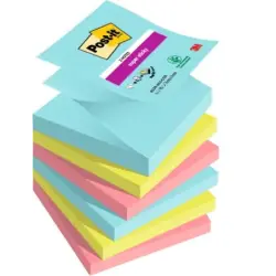 Post-It Super Sticky Pack de 6 Blocs de 90 Notas Adhesivas Reposicionables - Forma Cuadrada - 76x76mm - en Zig-Zag - Colores Sur