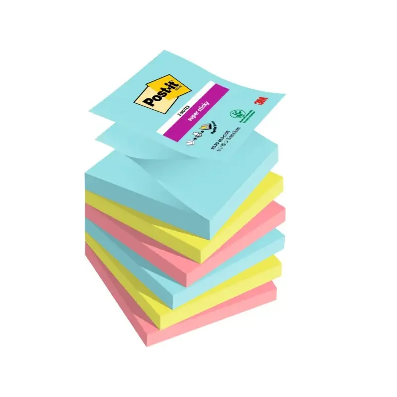 Post-It Super Sticky Pack de 6 Blocs de 90 Notas Adhesivas Reposicionables - Forma Cuadrada - 76x76mm - en Zig-Zag - Colores Sur