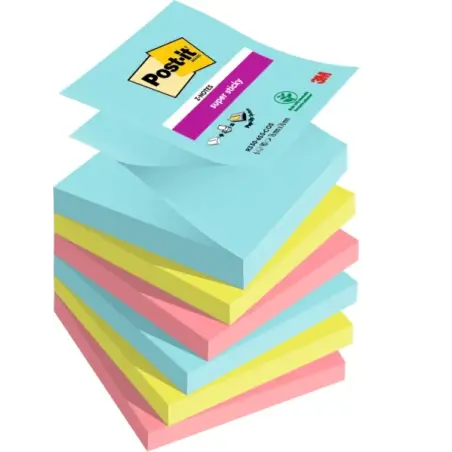 Post-It Super Sticky Pack de 6 Blocs de 90 Notas Adhesivas Reposicionables - Forma Cuadrada - 76x76mm - en Zig-Zag - Colores Sur