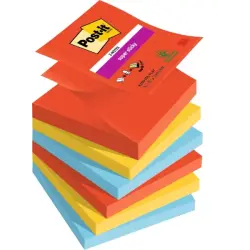 Post-It Super Sticky Pack de 6 Blocs de 90 Notas Adhesivas Reposicionables - Forma Cuadrada - 76x76mm - en Zig-Zag - Colores Sur