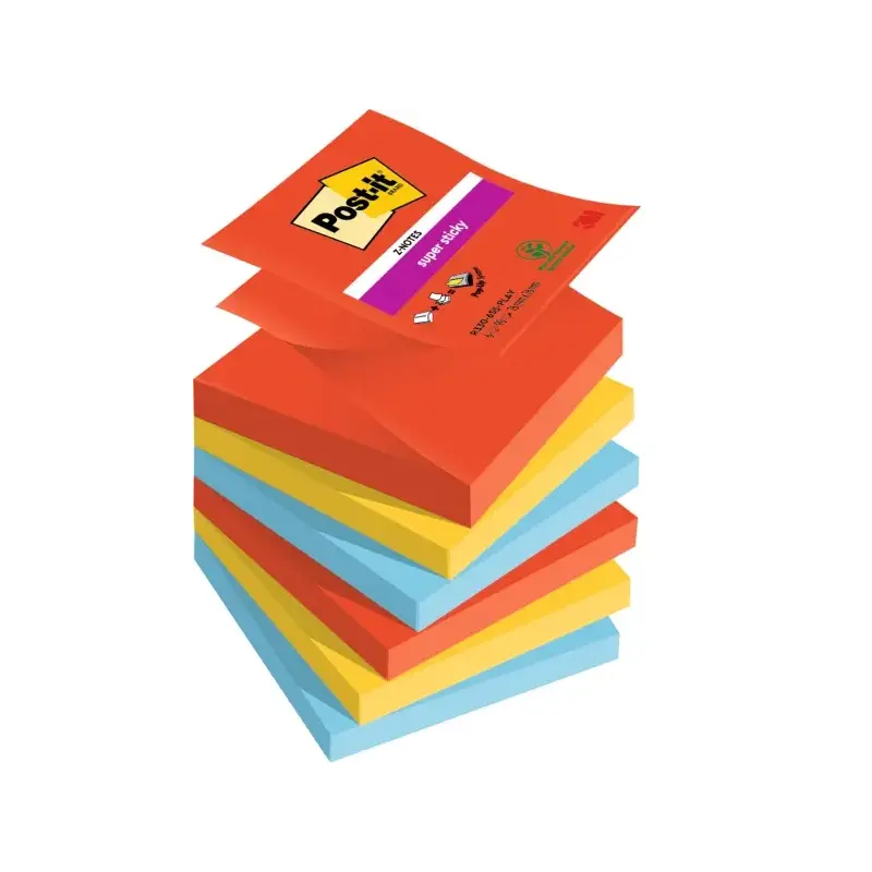 Post-It Super Sticky Pack de 6 Blocs de 90 Notas Adhesivas Reposicionables - Forma Cuadrada - 76x76mm - en Zig-Zag - Colores Sur