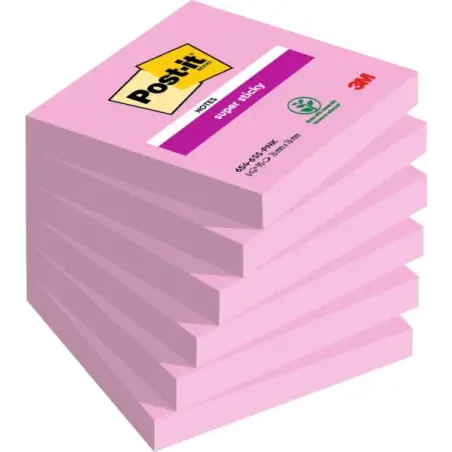 Post-It Super Sticky Pack de 6 Blocs de 90 Notas Adhesivas Reposicionables - 76x76mm - 100% PEFC - Color Rosa | Ahorro Imprimien