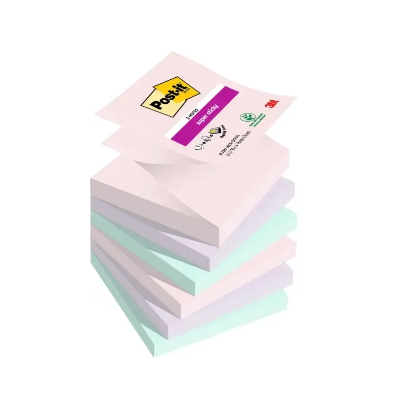 Post-It Super Sticky Pack de 6 Blocs de 90 Notas Adhesivas Reposicionables - Forma Cuadrada - 76x76mm - en Zig-Zag - Colores Sur
