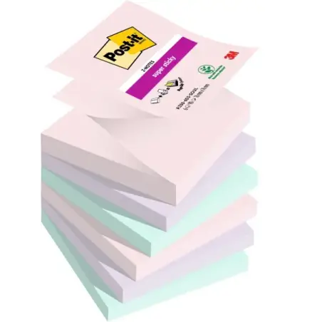 Post-It Super Sticky Pack de 6 Blocs de 90 Notas Adhesivas Reposicionables - Forma Cuadrada - 76x76mm - en Zig-Zag - Colores Sur