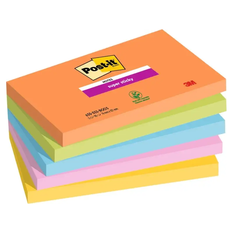 Post-It Super Sticky Pack de 5 Blocs de 90 Notas Adhesivas Reposicionables - Forma Rectangular - 127x76mm - Colores Surtidos | A