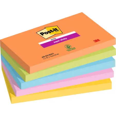 Post-It Super Sticky Pack de 5 Blocs de 90 Notas Adhesivas Reposicionables - Forma Rectangular - 127x76mm - Colores Surtidos | A