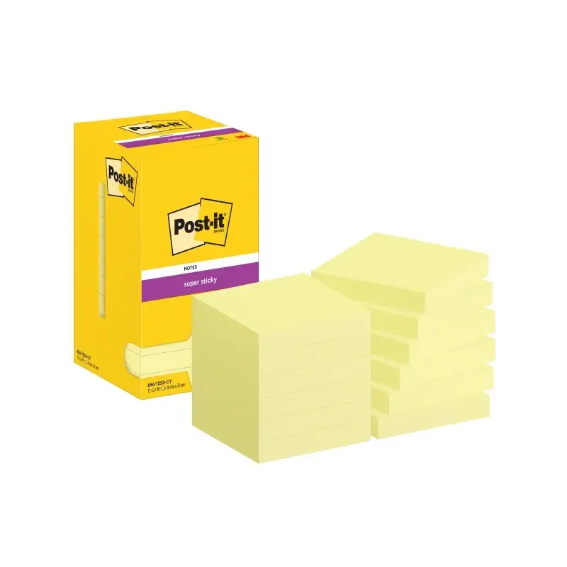 Post-It Super Sticky Pack de 12 Blocs de 90 Notas Adhesivas Reposicionables - 76x76mm - Paquete de Carton - Color Amarillo Claro