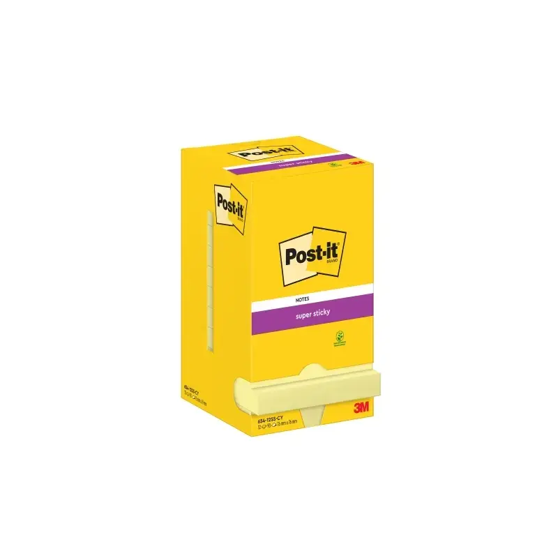Post-It Super Sticky Pack de 12 Blocs de 90 Notas Adhesivas Reposicionables - 76x76mm - Paquete de Carton - Color Amarillo Claro