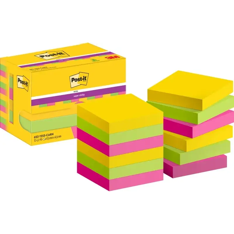 Post-It Super Sticky Pack de 12 Blocs de 90 Notas Adhesivas Reposicionables 47.6x47.6mm - Forma Cuadrada - Caja Dispensadora - C