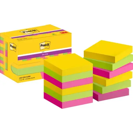 Post-It Super Sticky Pack de 12 Blocs de 90 Notas Adhesivas Reposicionables 47.6x47.6mm - Forma Cuadrada - Caja Dispensadora - C