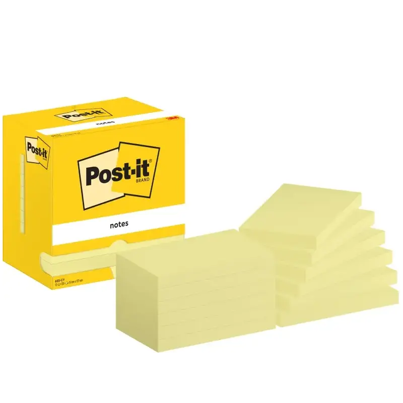 Post-It Pack de 12 Blocs de 100 Notas Adhesivas Reposicionables - Forma Rectangular - 76x127mm - Color Amarillo Claro | Ahorro I