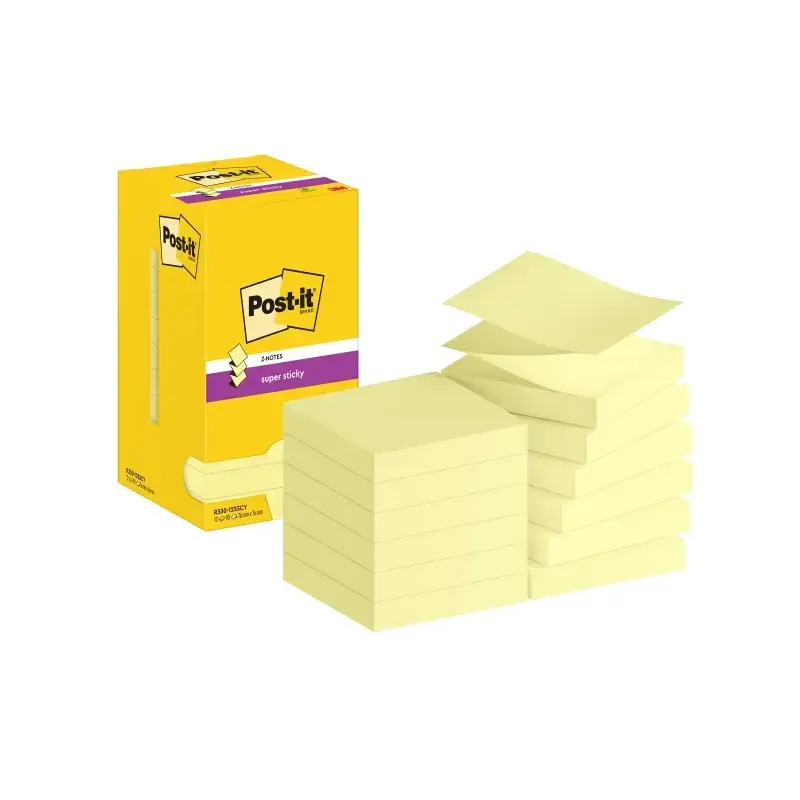 Post-It Super Sticky Pack de 12 Blocs de 90 Notas Adhesivas Reposicionables Zig-Zag 76x76mm - Forma Cuadrada - Color Amarillo Cl