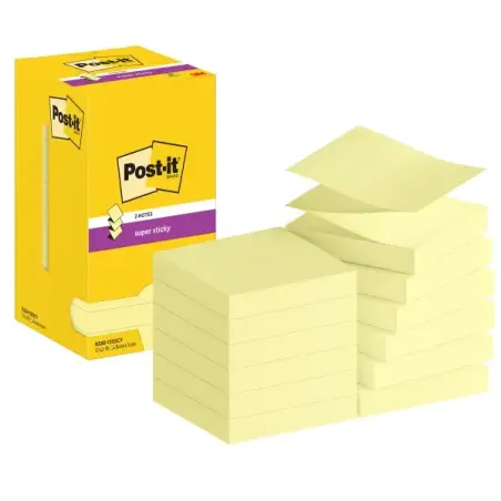 Post-It Super Sticky Pack de 12 Blocs de 90 Notas Adhesivas Reposicionables Zig-Zag 76x76mm - Forma Cuadrada - Color Amarillo Cl