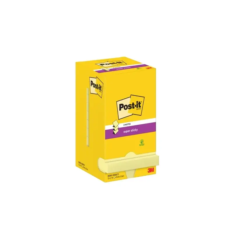 Post-It Super Sticky Pack de 12 Blocs de 90 Notas Adhesivas Reposicionables Zig-Zag 76x76mm - Forma Cuadrada - Color Amarillo Cl