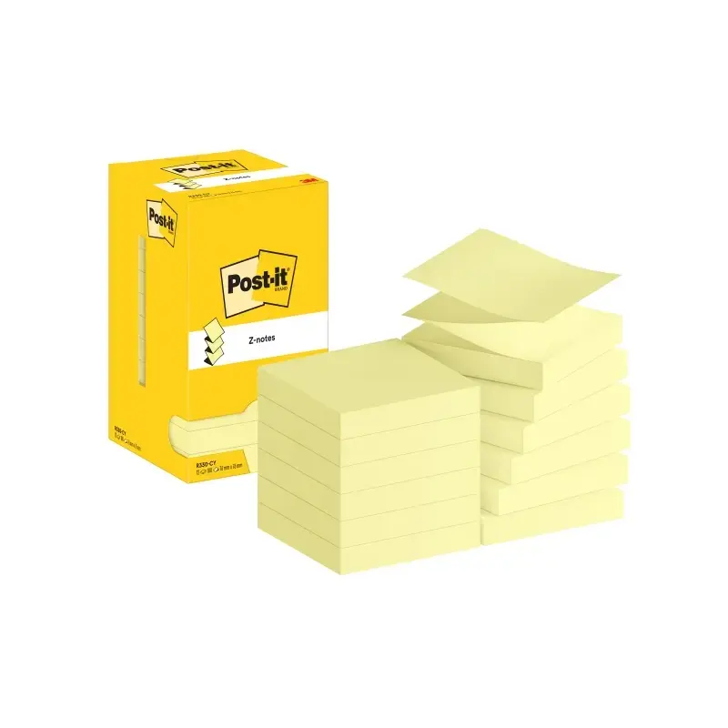 Post-It Pack de 12 Blocs de 100 Z-Notas Adhesivas Reposicionables 76x76mm - Forma Cuadrada - Caja Dispensadora - Color Amarillo