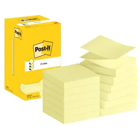 Post-It Pack de 12 Blocs de 100 Z-Notas Adhesivas Reposicionables 76x76mm - Forma Cuadrada - Caja Dispensadora - Color Amarillo