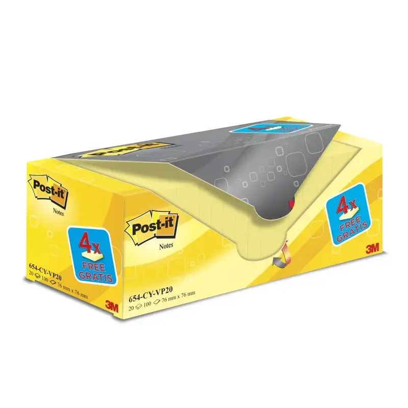 Post-It Pack de 20 Blocs de 100 Notas Adhesivas Reposicionables - Forma Cuadrada - 76x76mm - Color Amarillo Claro | Ahorro Impri