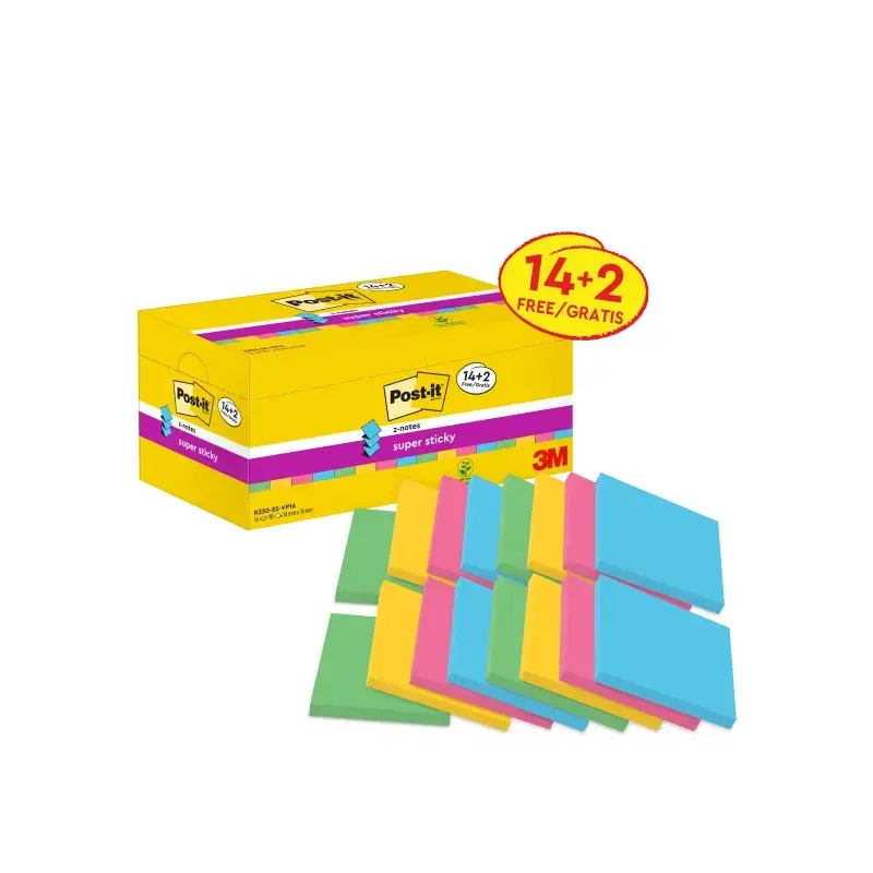 Post-It Super Sticky Pack de 16 Blocs de 90 Notas Adhesivas Reposicionables - Forma Cuadrada - 76x76mm - en Zig-Zag - Colores Su