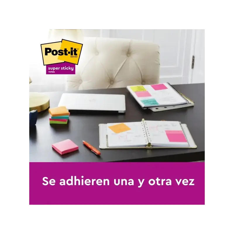 Post-It Super Sticky Pack de 16 Blocs de 90 Notas Adhesivas Reposicionables - Forma Cuadrada - 76x76mm - en Zig-Zag - Colores Su