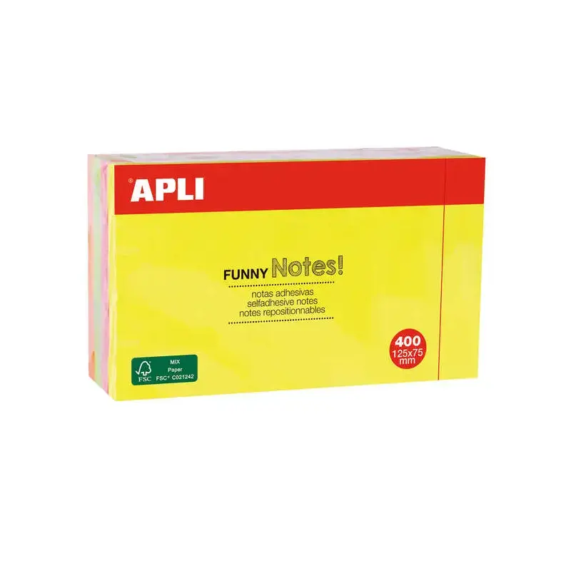 Apli Funny Bloc de 400 Notas Adhesivas Reposicionables 125x75mm - 4 Colores Surtidos (100 Hojas por Color) - Colores Fluor | Aho