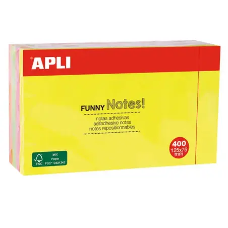 Apli Funny Bloc de 400 Notas Adhesivas Reposicionables 125x75mm - 4 Colores Surtidos (100 Hojas por Color) - Colores Fluor | Aho