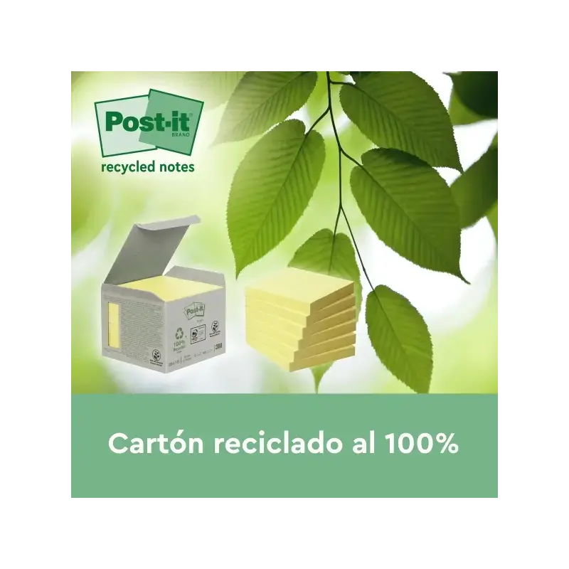 Post-It Pack de 6 Blocs de 100 Notas Adhesivas Recicladas - Forma Cuadrada - 76x76mm - Color Amarillo Claro | Ahorro Imprimiendo
