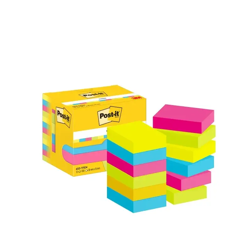 Post-It Pack de 12 Blocs de 100 Notas Adhesivas Reposicionables 38x51mm - Forma Rectangular - Caja Dispensadora - Colores Surtid