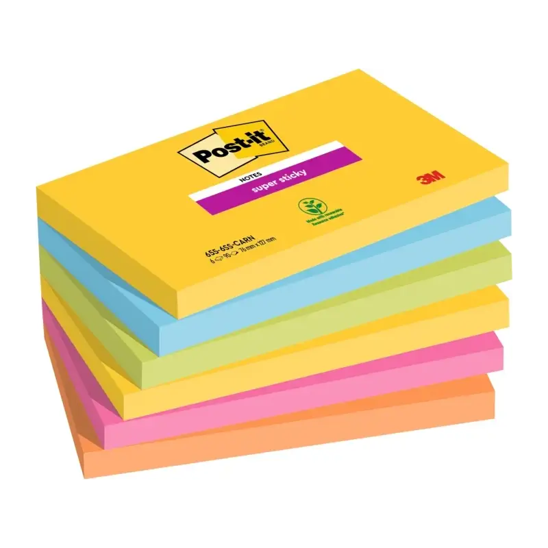 Post-It Super Sticky Pack de 6 Blocs de 90 Notas Adhesivas Reposicionables - Forma Rectangular - Colores Surtidos | Ahorro Impri