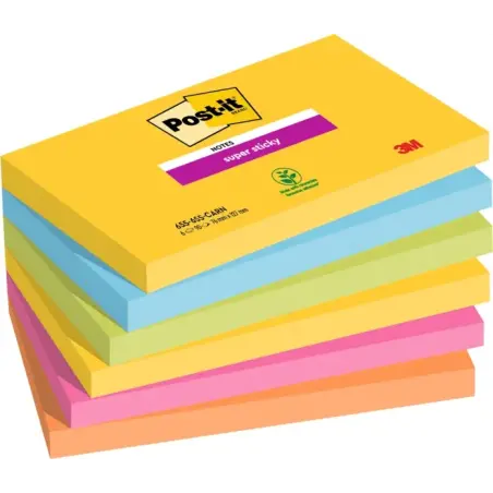 Post-It Super Sticky Pack de 6 Blocs de 90 Notas Adhesivas Reposicionables - Forma Rectangular - Colores Surtidos | Ahorro Impri