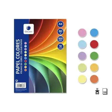 Golden Pack con 100 Hojas de Papel de Colores A4 80gr - 10 Hojas por Color - Colores Surtidos | Ahorro Imprimiendo