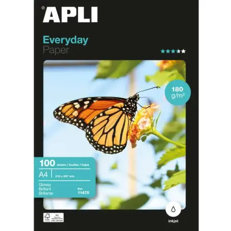 Apli Papel Fotografico Everyday A4 180gr - Acabado Brillante - 100 Hojas | Ahorro Imprimiendo