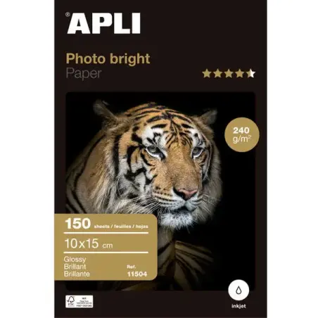 Apli Pack de 150 Hojas de Papel Fotografico Photobright 10x15cm 240g - Acabado Brillante - Apto para Uso en Impresoras Inkjet |
