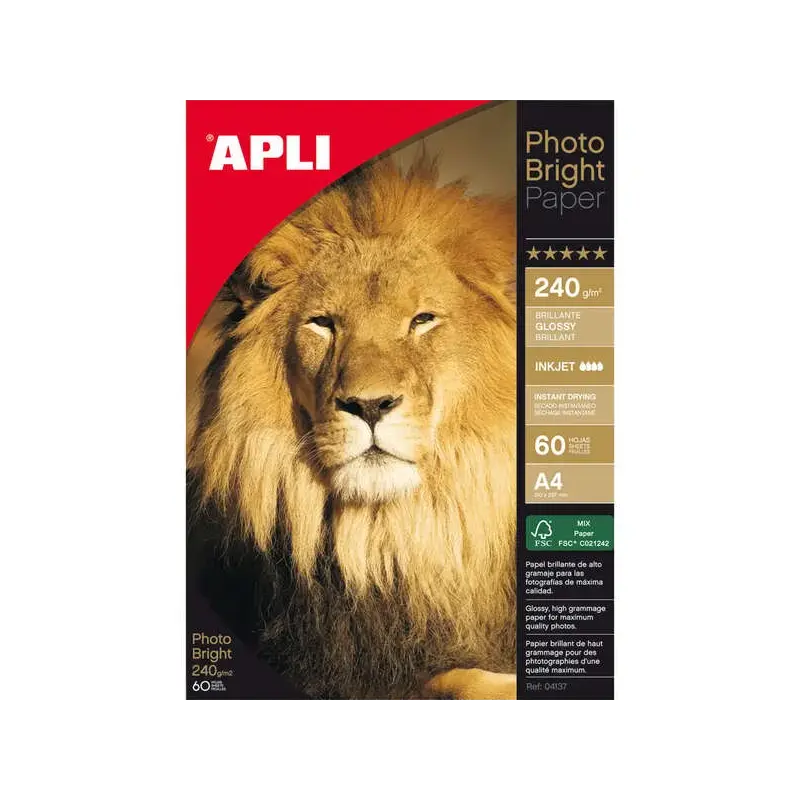 Apli Pack de 60 Hojas de Papel Fotografico Photobright A4 240g/m² - Acabado Brillante | Ahorro Imprimiendo