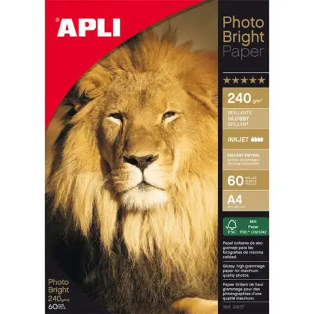 Apli Pack de 60 Hojas de Papel Fotografico Photobright A4 240g/m² - Acabado Brillante | Ahorro Imprimiendo