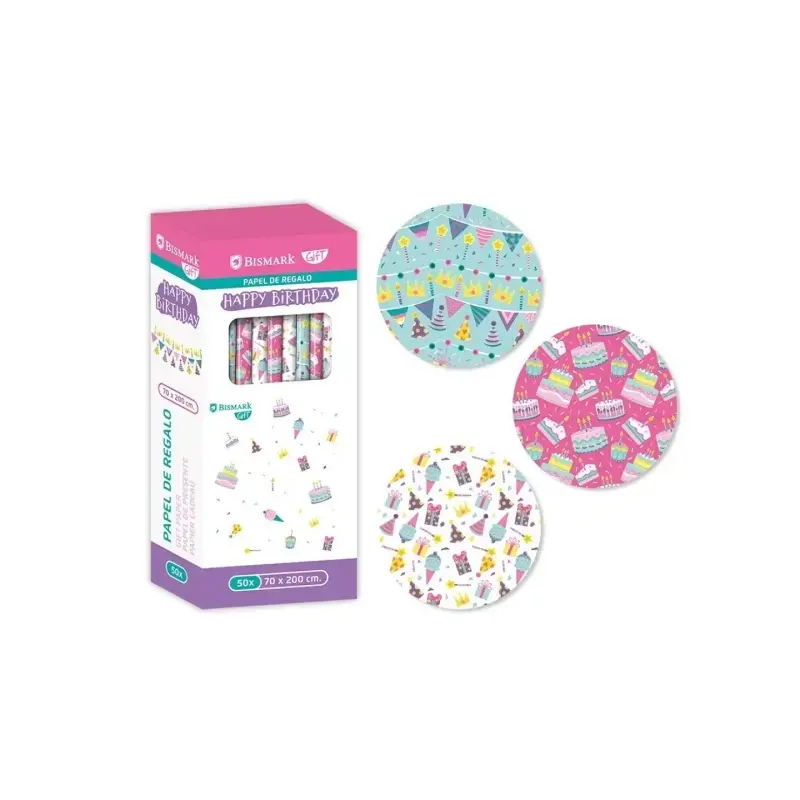 Bismark Happy Birthday Rollo de Papel Regalo - Medidas 70cmx200cm - 3 Diseños Diferentes | Ahorro Imprimiendo