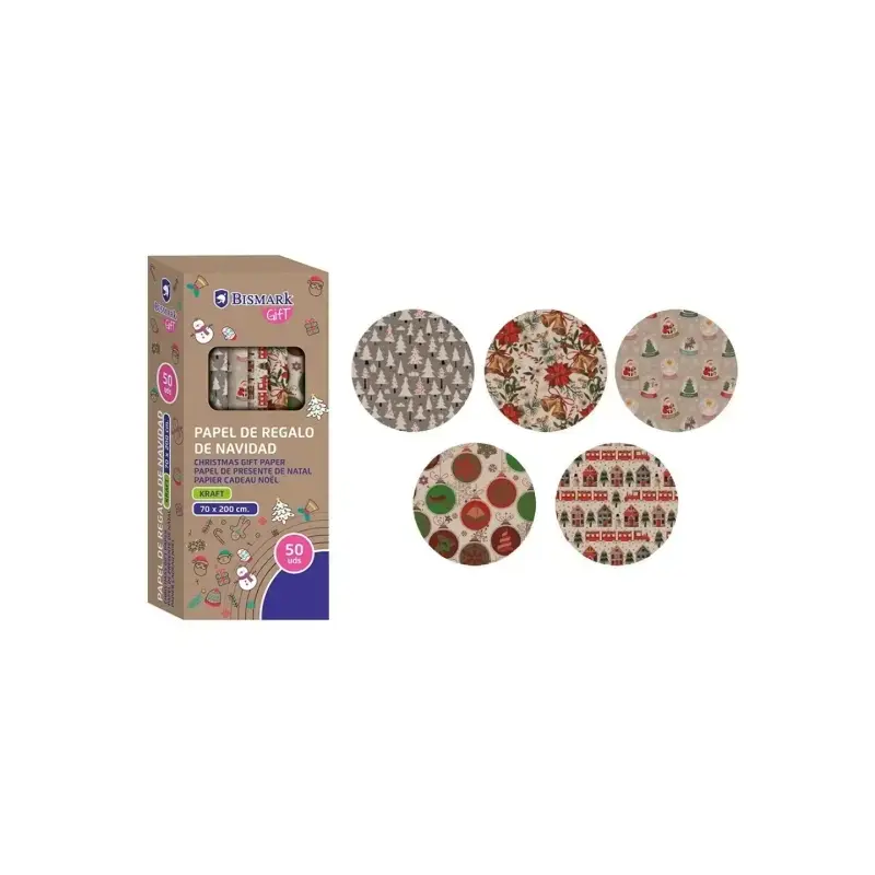 Bismark Kraft Navidad Rollo de Papel Kraft Regalo - Medidas 70cmx200cm - 5 Diseños Diferentes | Ahorro Imprimiendo