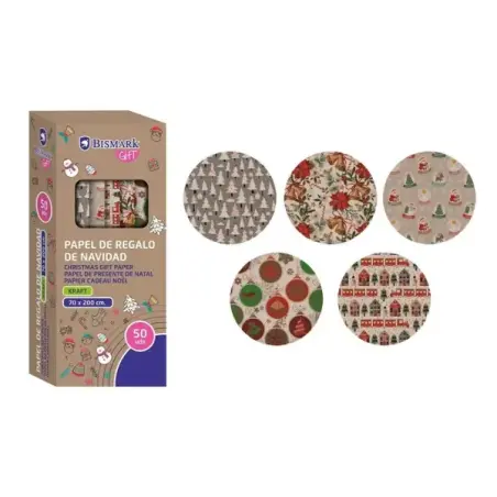 Bismark Kraft Navidad Rollo de Papel Kraft Regalo - Medidas 70cmx200cm - 5 Diseños Diferentes | Ahorro Imprimiendo