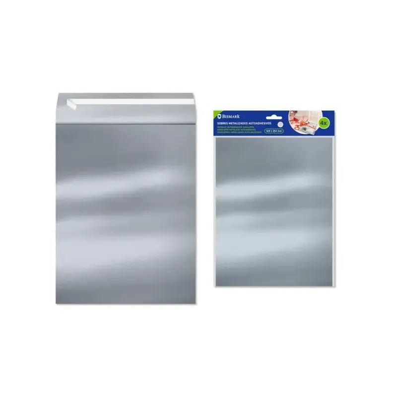 Bismark Pack de 4 Sobres Metalizados - Medidas 324x254mm - Cierre Autoadhesivo - Ideal para Regalos - Color Plata | Ahorro Impri