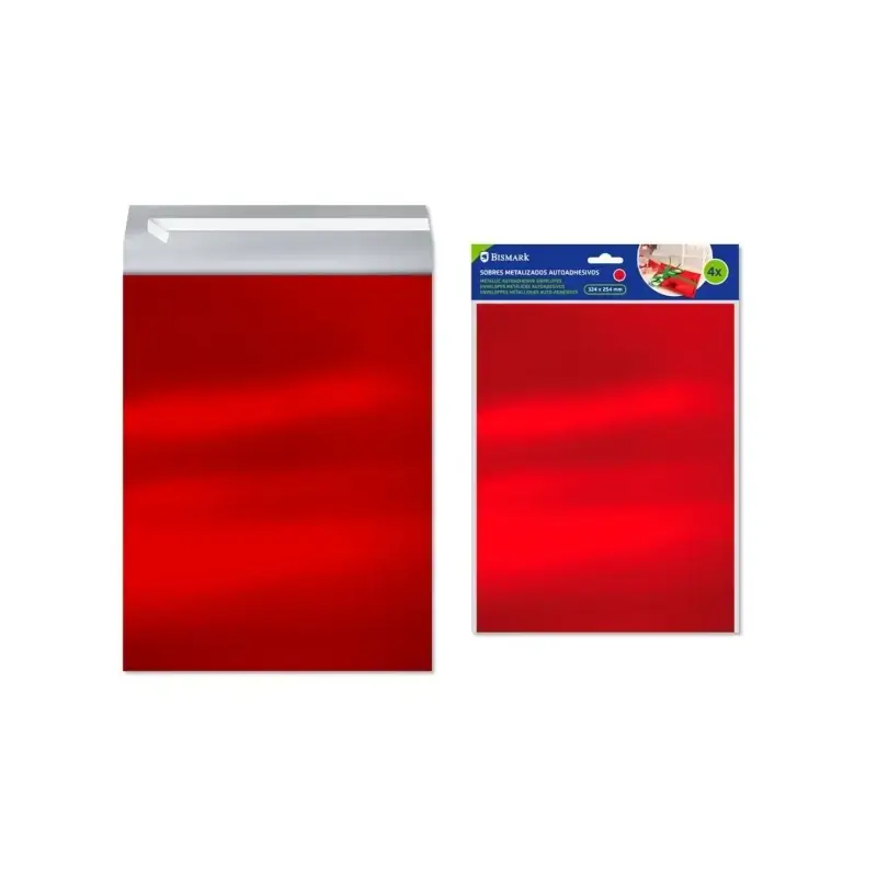 Bismark Pack de 4 Sobres Metalizados - Medidas 324x254mm - Cierre Autoadhesivo - Ideal para Regalos - Color Rojo Metalizado | Ah
