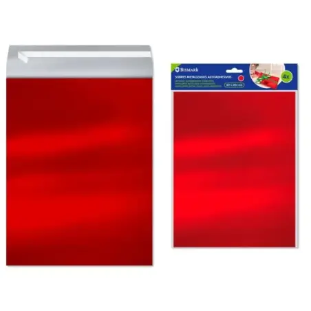 Bismark Pack de 4 Sobres Metalizados - Medidas 324x254mm - Cierre Autoadhesivo - Ideal para Regalos - Color Rojo Metalizado | Ah